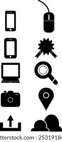 Conjunto de ícones de dispositivos de tecnologia, como Smartphone, Tab, Computador, Nuvem, Lupa, Câmera, Mouse etc.Curso editável