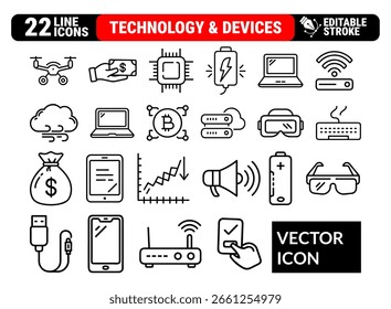 Conjunto de ícones da linha de tecnologia e dispositivos - dispositivos modernos de estilo de contorno, dispositivos inteligentes, computadores, telefones e símbolos da Internet