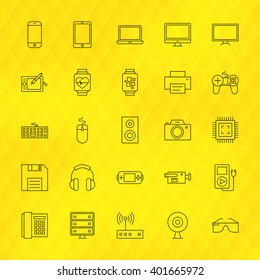 Technology Devices Line Icons Set over Polygonal Background. Vector Set of Modern Thin Outline Electronics and Gadgets Items.