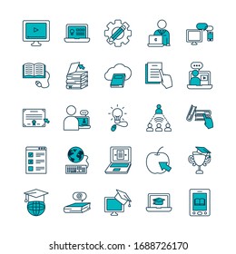 technology devices and online education icon set over white background, half line half color style , vector illustration