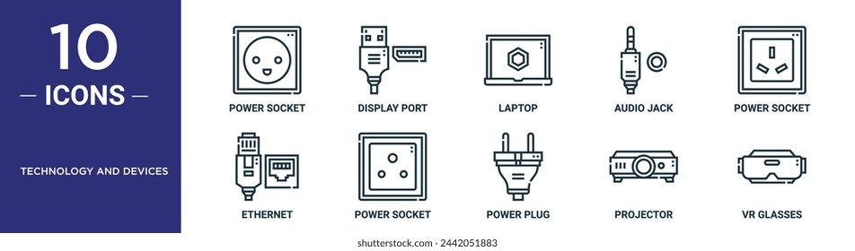 el conjunto de iconos de esquema de tecnología y dispositivos incluye una toma de corriente de línea fina, puerto de pantalla, portátil, conector de audio, toma de corriente, ethernet, iconos de toma de corriente para informes, presentaciones, diagramas, diseño web