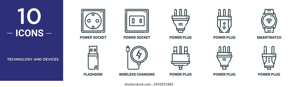 el conjunto de iconos de esquema de tecnología y dispositivos incluye una toma de corriente de línea fina, toma de corriente, enchufe de alimentación, enchufe, reloj inteligente, flashdisk, iconos de carga inalámbrica para informes, presentaciones, diagramas, diseño web