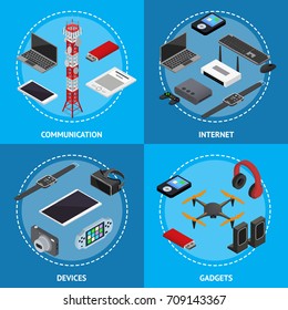 Technology Devices Poster Card Set Isometric View Electronic Equipment Gadget and Tower Mobile Phone Base for Web. Vector illustration