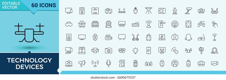 Technology Devices related icon set. Smart thin linear style icons. Modern linear icons. Gadget icon set. Editable stroke. Vector collection.