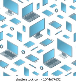 Technology Devices Seamless Pattern Background on a White Isometric View Electronic Equipment Gadgets and Pc Mobile Phone for Web Design. Vector illustration of Device and Gadget