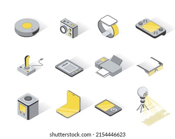 Technology devices service concept 3d isometric icons set. Pack elements of robot vacuum cleaner, camera, watch, gamepad, joystick, e-book and other. Vector illustration in modern isometry design