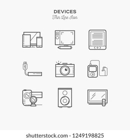 Technology devices thin line color icons set, vector illustration