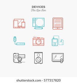 Technology devices thin line color icons set, vector illustration