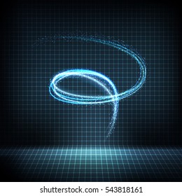 Technology digital background. Glowing neon swirl with distorted lines, bright sparkles. Vector illustration