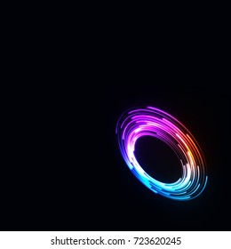 Technology digital background. Glowing sci-fi interface HUD element with distorted lines, swirls, bright sparkles. Vector illustration
