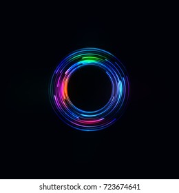 Technology digital background. Glowing sci-fi interface HUD element with distorted lines, swirls, bright sparkles. Vector illustration