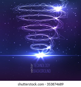 Technology digital background. Glowing swirl with distorted lines, bright sparkles. Vector illustration