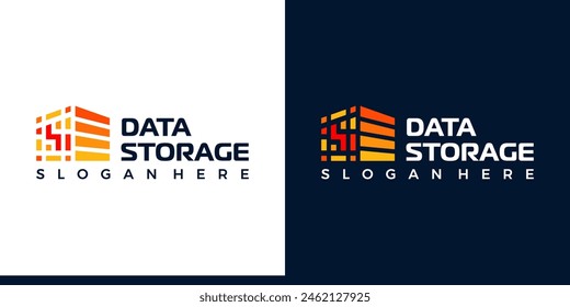 Technology digital data logo design with storage building design graphic symbol icon vector.