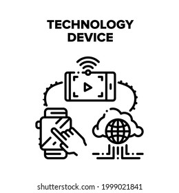 Technology Digital Device Vector Icon Concept. Smartphone For Watching Movie Online And Smart Watches Technology Digital Device. Cloud Storage, Multimedia Gadget Electronics Black Illustration