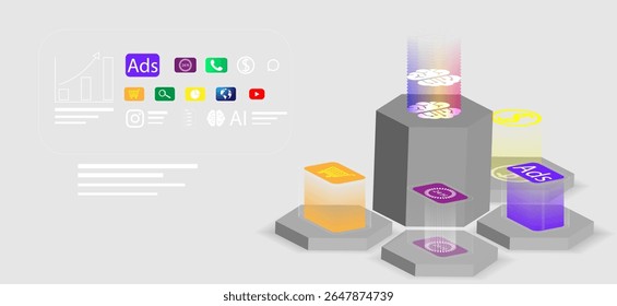 Technology and Digital Displays colorful boxes and stands. In the center is a tall podium that looks like a center of information or technology. Plays with light and modern illustrations.