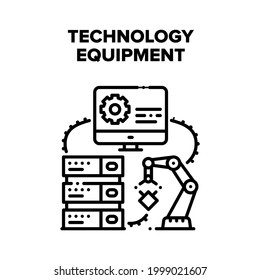 Concepto de icono de vectores de equipos digitales de tecnología. Arma Robótica En El Transmisor De Fábrica, Servidor Electrónico De Internet Y Pantalla De Computadora Para Establecer Tecnología De Equipo Digital Ilustración Negra