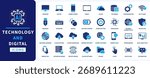 Technology and Digital flat icon set. AI, Artificial intelligence, information, cloud, cybersecurity, data science, and network icon pack. Modern solid vector icons illustration