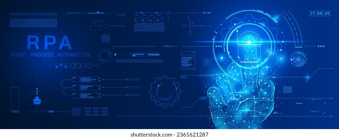 Technologie digitale Hand Wireframe Pressen auf HUD Kreis Roboter von RPA Plattform Konzept Vektor. Robotische Prozessautomatisierung, künstliche Intelligenz mit futuristischem Mustergrafik-Hintergrund.