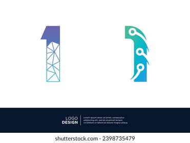 Technology digital initial Number 1 logo design.