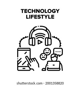 Technology Digital Lifestyle Vector Icon Concept. Technology Digital Lifestyle, User Using Laptop For Internet Communication, Smartphone And Headphones For Listening Music Black Illustration