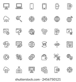 Conjunto de iconos de Tecnología y línea digital. colección de símbolos de estilo lineal, paquete de signos de contorno. Gráficos de Vector de tecnología digital. El conjunto incluye iconos como dispositivo informático, teléfono móvil, seguridad cibernética