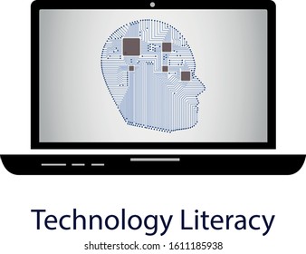 Technology and digital literacy, artificial intelligence, illustration vector. A circuit line head shape, and microprocessors in a laptop. Hi-tech concept design for presentation, banner, websites.