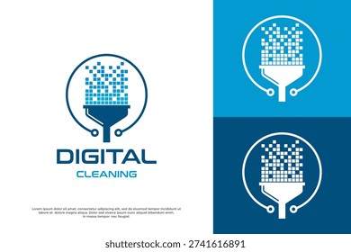 Technology and digital maintenance logo featuring a circuit board microchip integrated into a cleaning brush or broom head.