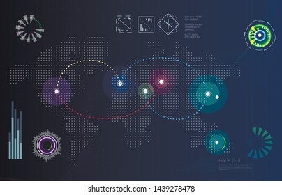 Technology digital map modern user interface. HUD elements. Futuristic Sci Fi Abstract Set. Futuristic blue virtual graphic touch user map interface. Set of Circular Design Element ont he world map.