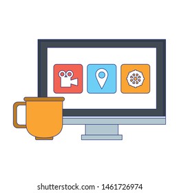 technology digital online modern computer screen with app icons cartoon vector illustration graphic design