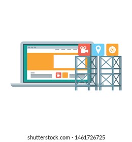 technology digital online modern hardware computer laptop support with media player icons cartoon vector illustration graphic design