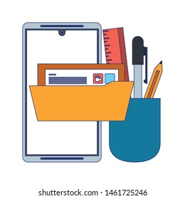 technology digital online modern smartphone at work place cartoon vector illustration graphic design