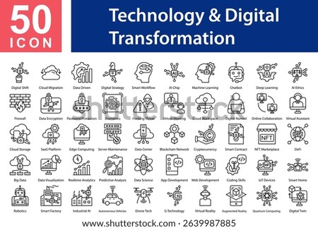 Technology and Digital Transformation Collection of Icons with Outline Style Containing: Digital Shift  ,Cloud Migration  ,Data Driven  ,Digital Strategy  ,Smart Workflow  ,,Machine Learning  