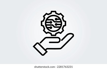 Technology digital transformation, system information. hand, Gear Cog Wheel industry logo design, vector icon line illustration isolated