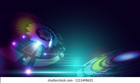 Technology of the digital world has never ceased to exist. in dark blue background of space and imagination to time machine in the future. Abstract space background with 3D digital light effect.