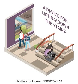 Technology for disabled people isometric composition with person on wheelchair and device for lifting down stairs vector illustration