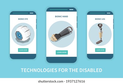 Tecnología para personas discapacitadas conjunto isométrico de tres banners verticales con imágenes de prótesis y botones de ilustración vectorial
