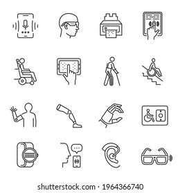 Technology For Disabled Set Monochrome Line Icon Vector Illustration. Collection Of Assistive Devices For Blind, Cripple, Deaf, Isolated. Electronic Gadget Support For Physical Impairment People