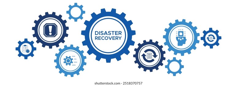 Technology Disaster Recovery and Infrastructure Management Banner with Incident, Server, Database, and Data Recovery System Icons