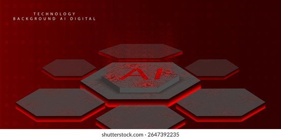A technology displaying a box or stand in the form of a triangle and hexagon diagram, black or dark grey, with the word “AI” on it, which symbolizes artificial intelligence. The background is dark red