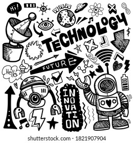 Technology  doodle drawing collection.Hand drawn vector doodle illustrations in colorful cartoon style.