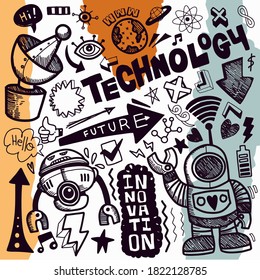 Colección de dibujos de doodles de tecnología.Ilustraciones de doodles vectoriales dibujadas a mano en un colorido estilo de dibujos animados.