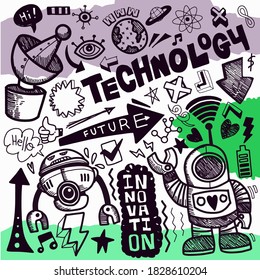 Colección de dibujos de doodles de tecnología.Ilustraciones de doodles vectoriales dibujadas a mano en un colorido estilo de dibujos animados.