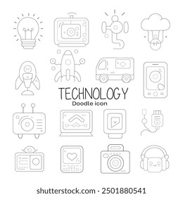 TECHNOLOGY, Doodle icon vector. Tech Machine Computer Industry Art Cartoon Doodle Icons Clipart.