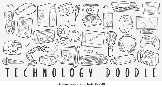 Technology Doodle Line Art Illustration. Hand Drawn Vector Clip Art. Banner Set Logos.