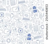 Technology doodles, cartoon elements monochrome seamless pattern for wallpaper, digital paper, scrapbooking, stationery, wrapping paper, etc. EPS 10