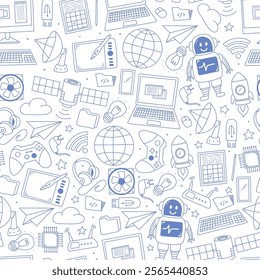 Technology doodles, cartoon elements monochrome seamless pattern for wallpaper, digital paper, scrapbooking, stationery, wrapping paper, etc. EPS 10
