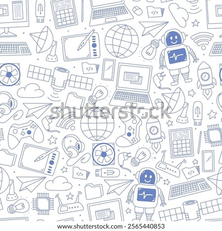 Technology doodles, cartoon elements monochrome seamless pattern for wallpaper, digital paper, scrapbooking, stationery, wrapping paper, etc. EPS 10