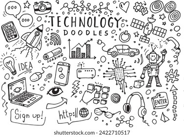 Doodles tecnológicos, elementos vectores dibujados a mano sobre papel blanco