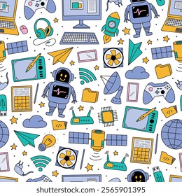Technology doodles seamless pattern, wallpaper design with computers, internet connection, artificial intelligence devices. Print, background, wrapping paper. EPS 10