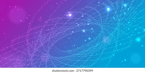 Tecnologia pontilhada curva brilhante sobre fundo azul e rosa. Conceito de rede de comunicação de megadados. Ilustração vetorial